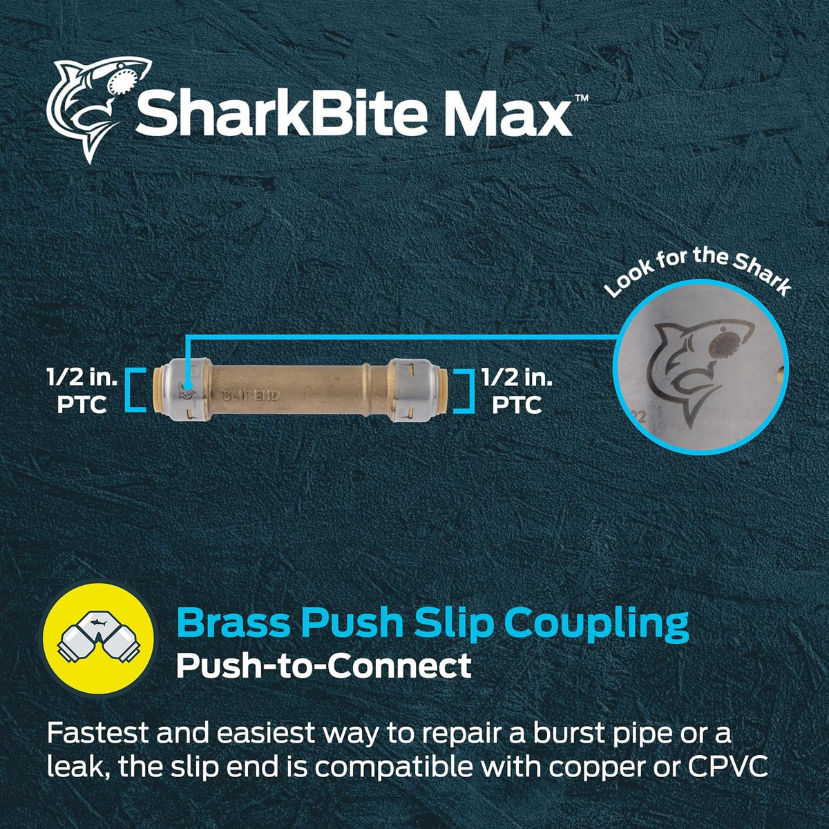 SharkBite Max 1/2 Inch Slip Coupling, Push to Connect Brass Plumbing Fitting, PEX Pipe, Copper, CPVC, PE-RT, HDPE, UR3008A