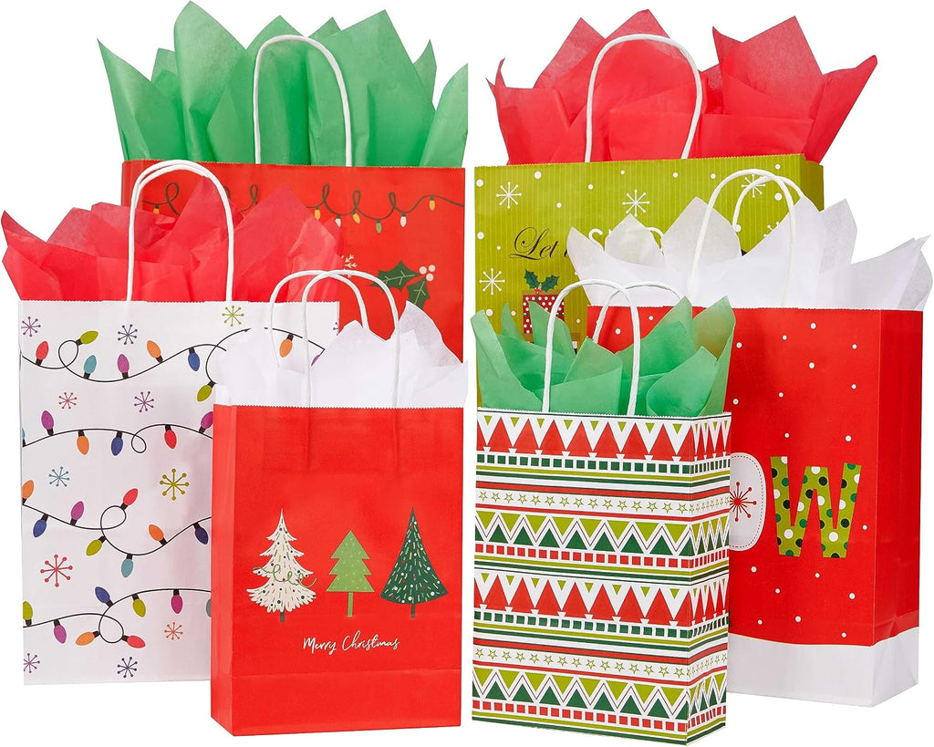 24 Pack Assorted Sizes Christmas Gift Bags Bulk with Tissue Paper