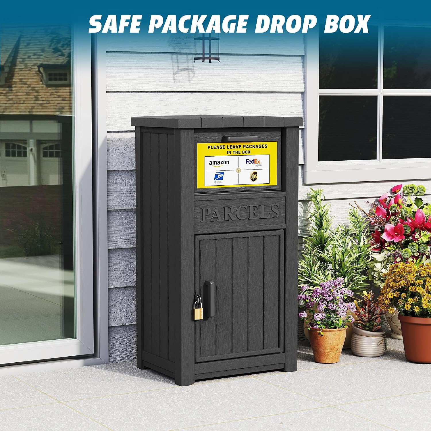 Package Delivery Box with Sign, Lockable & Weatherproof Anti-Theft Parcel Delivery Box for Porch, Curbside, Patio，Black