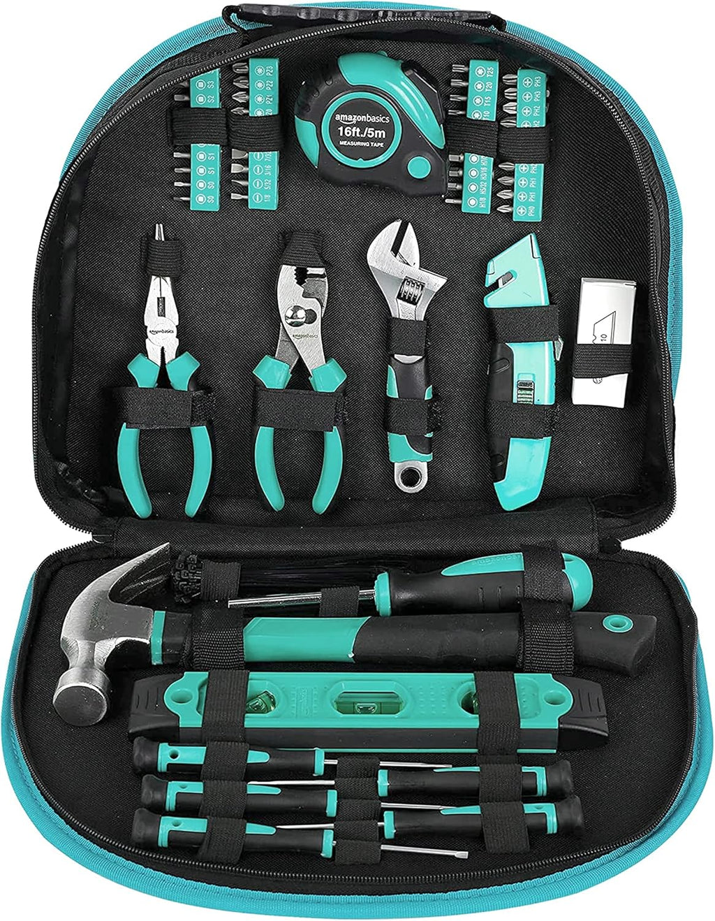 104-Piece Home Repair Household Tool Set with Easy Carrying Round Pouch, Portable Hand Tool Kit, Turquoise, 14.4 x