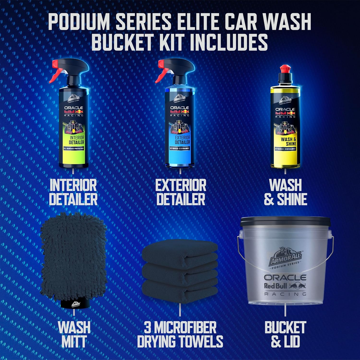 Podium Series Elite 9‑Piece Car Detailing Kit - Car Cleaning Kit with Bucket, Car Wash, Detailer Sprays, Wash Mitt &