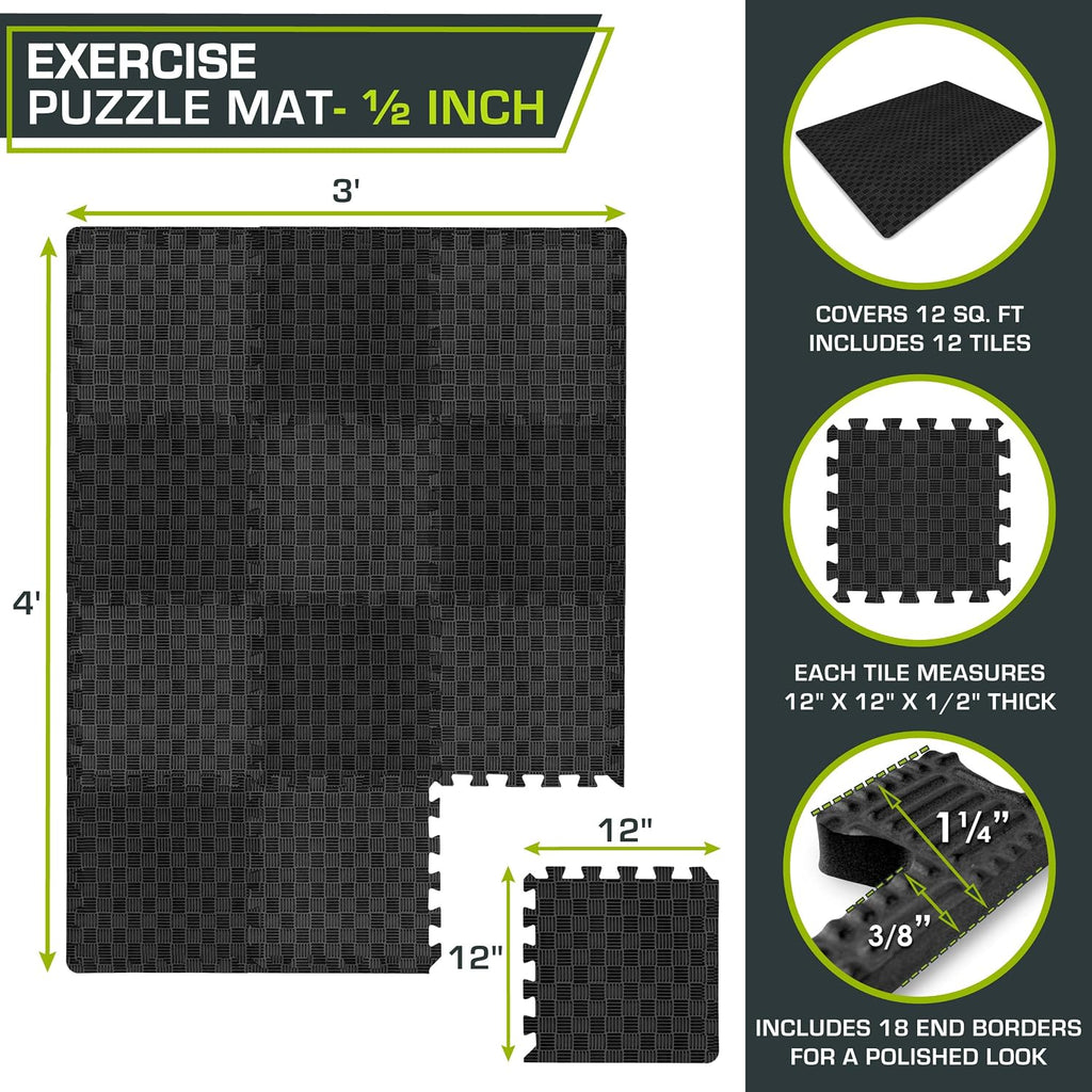 Exercise Puzzle Mat ½-inch, Checkered EVA Foam Floor Tiles w/ Non-Slip Texture, Interlocking Design for Adjustable