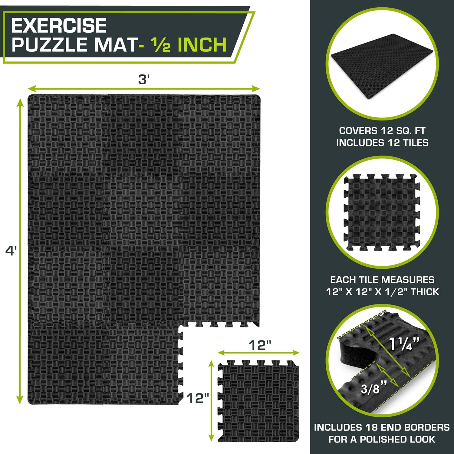 Exercise Puzzle Mat ½-inch, Checkered EVA Foam Floor Tiles w/ Non-Slip Texture, Interlocking Design for Adjustable