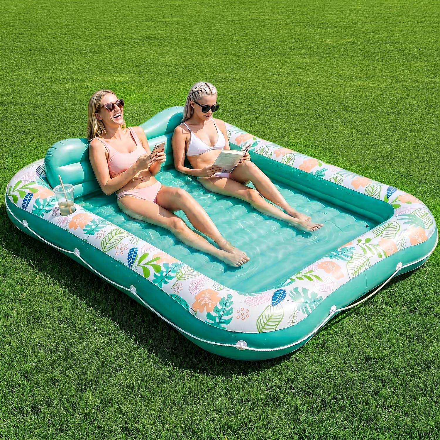 Inflatable Tanning Pool Lounger Float, Stonful 87" x 63" Pool Floats Adult with Pillow & Cup Holder, 4 in 1 Water