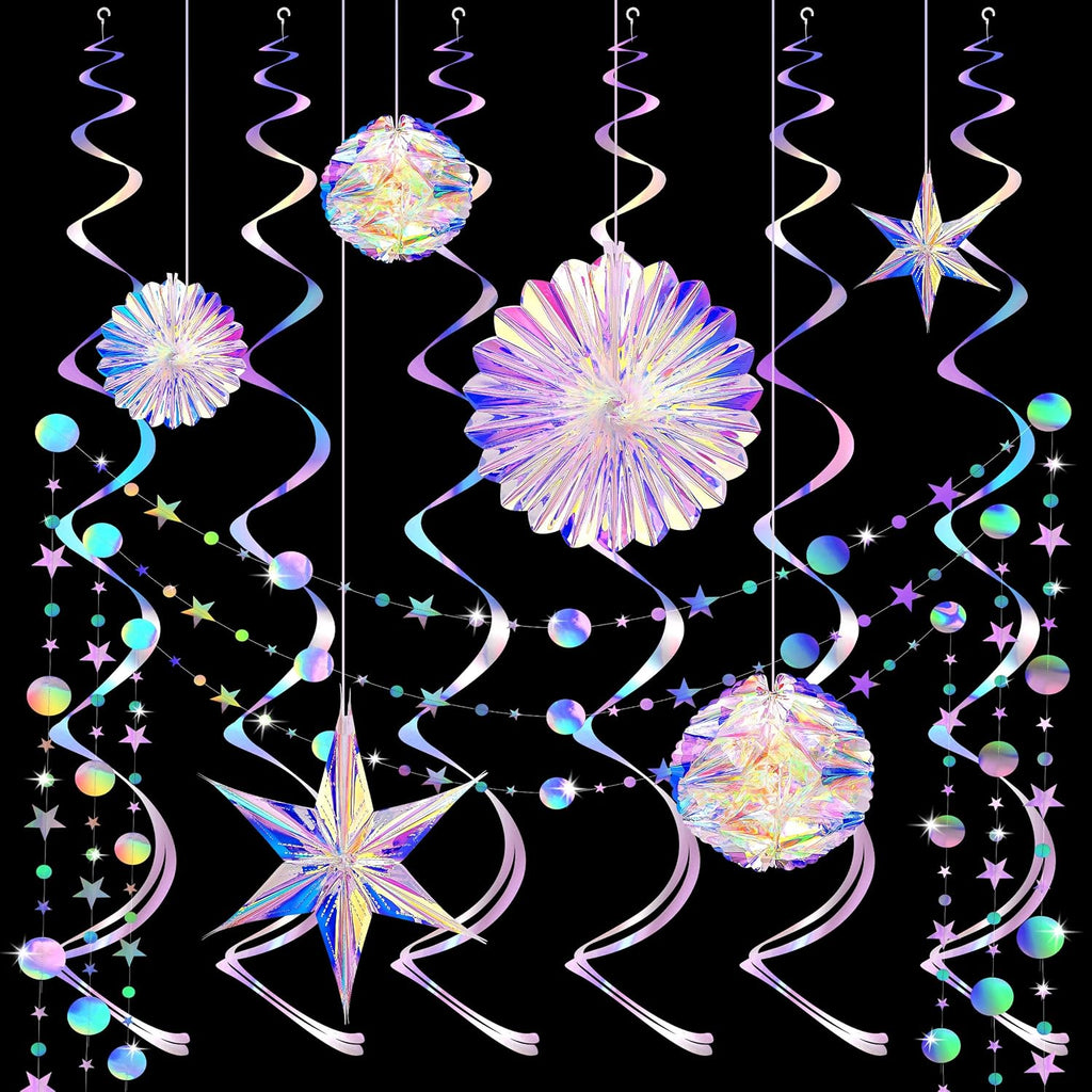 29 Pcs Iridescent Party Decorations with Hanging Honeycomb Ball Decorative Paper Fan Snowflake Hexagonal Star