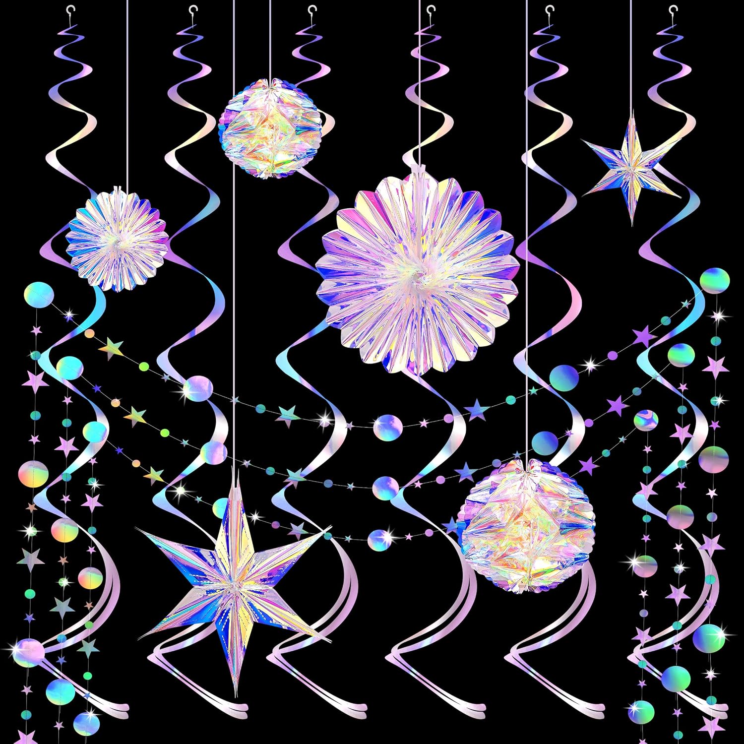 29 Pcs Iridescent Party Decorations with Hanging Honeycomb Ball Decorative Paper Fan Snowflake Hexagonal Star