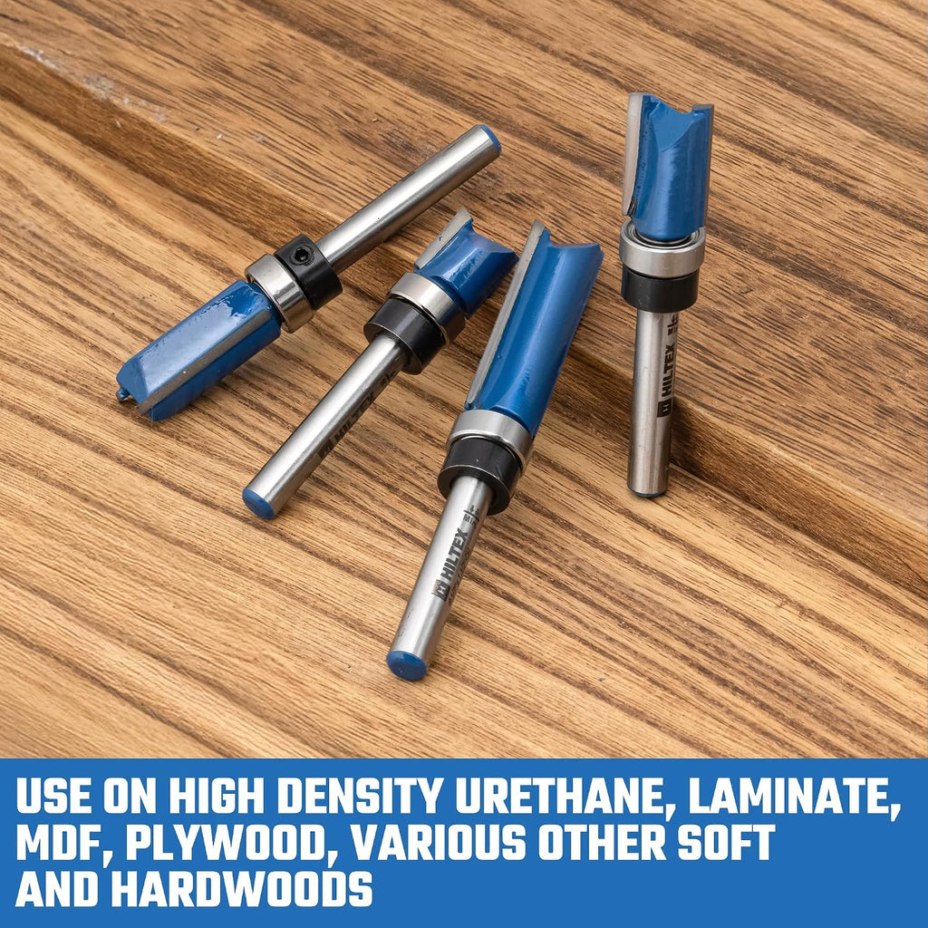 10103H Bottom Bearing Pattern Flush Trim Router Bit Set, 4 Pieces, 1/4 Inch Shank, CNC Woodworking Tool, 1/2" Cutting