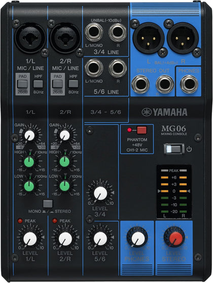 MG06 6-Input Compact Stereo Mixer | 6-channel mixer with D-PRE preamps, XLR outputs and EQ for recording, lectures