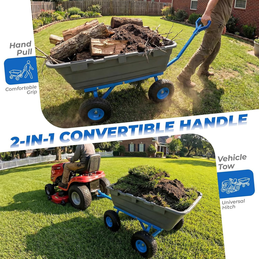 1400lbs Garden Dump Cart for Lawn & Landscaping, Towable Utility Wagon with Quick-Release Dumping, 10" All-Terrain