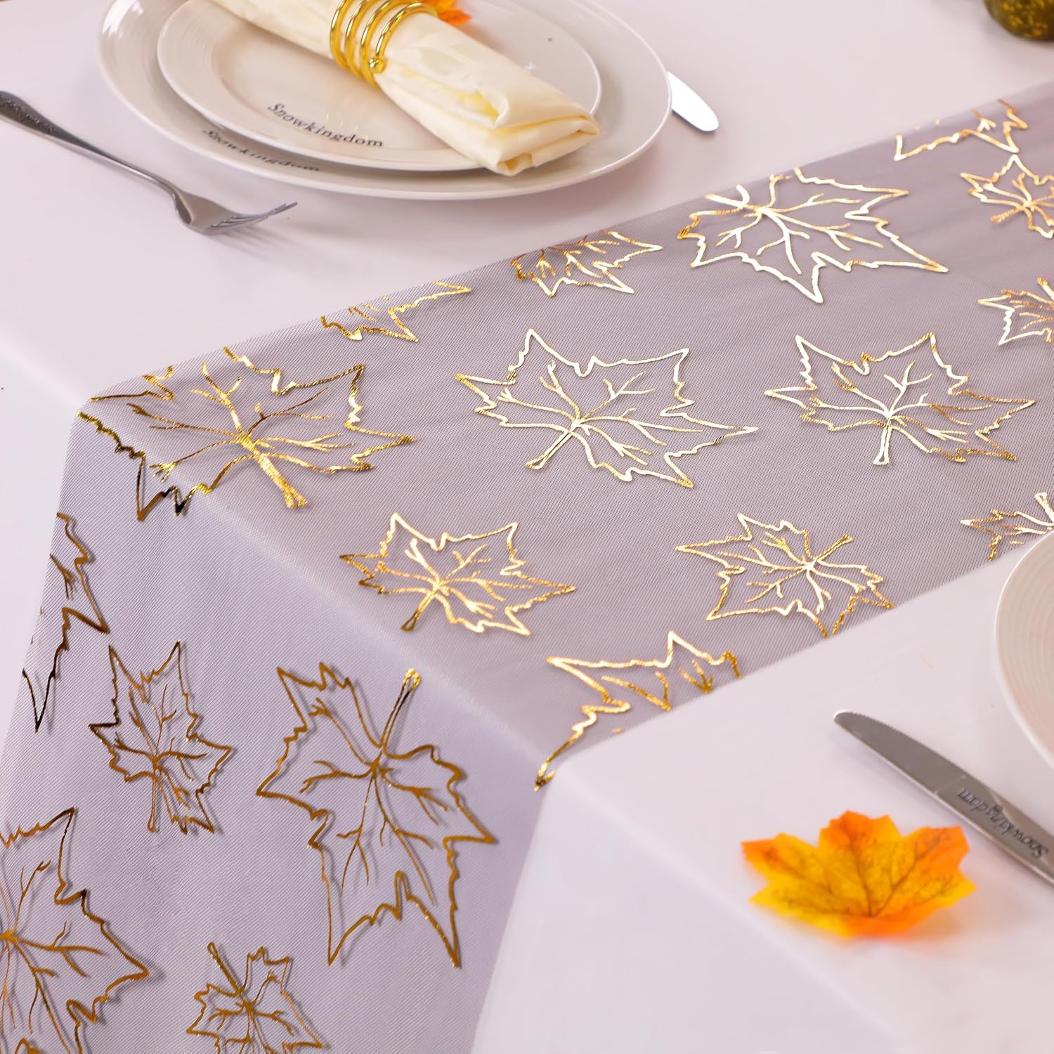 Fall Table Runners, Gold Maple Leaves Thanksgiving Table Decorations for Autumn Harvest Sequin Glitter Lightweight