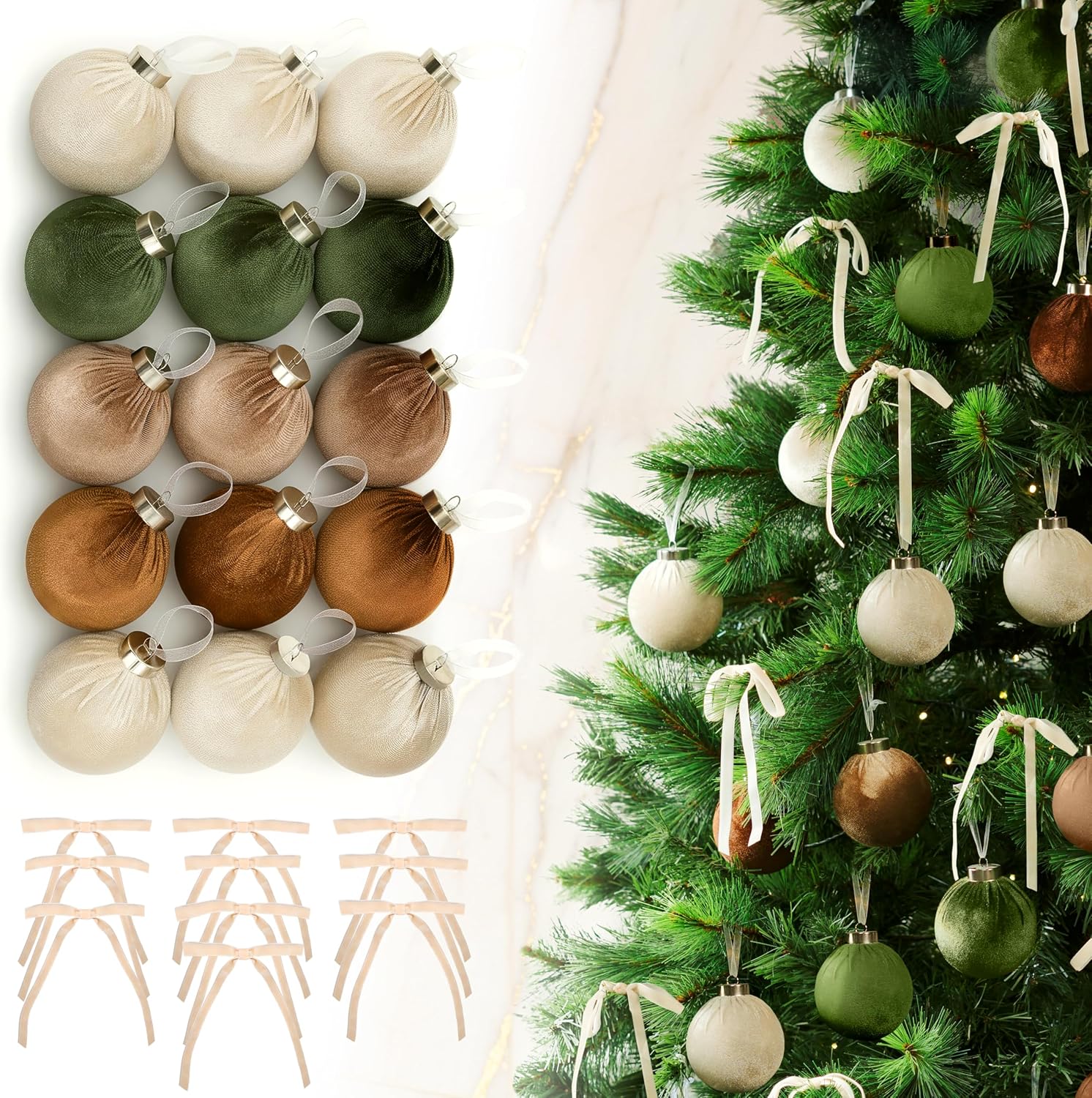 Elegant Velvet Christmas Ornaments Set with 15 Shatterproof Balls & 10 Matching Velvet Bows - Complete Festive Tree