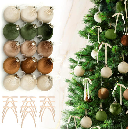 Elegant Velvet Christmas Ornaments Set with 15 Shatterproof Balls & 10 Matching Velvet Bows - Complete Festive Tree