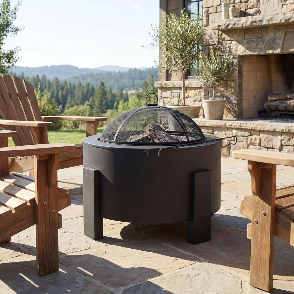 Flicker Wood Burning Steel Fire Pit with Spark Screen, 25" Round Portable Steel Patio Heater for Camping, Patio