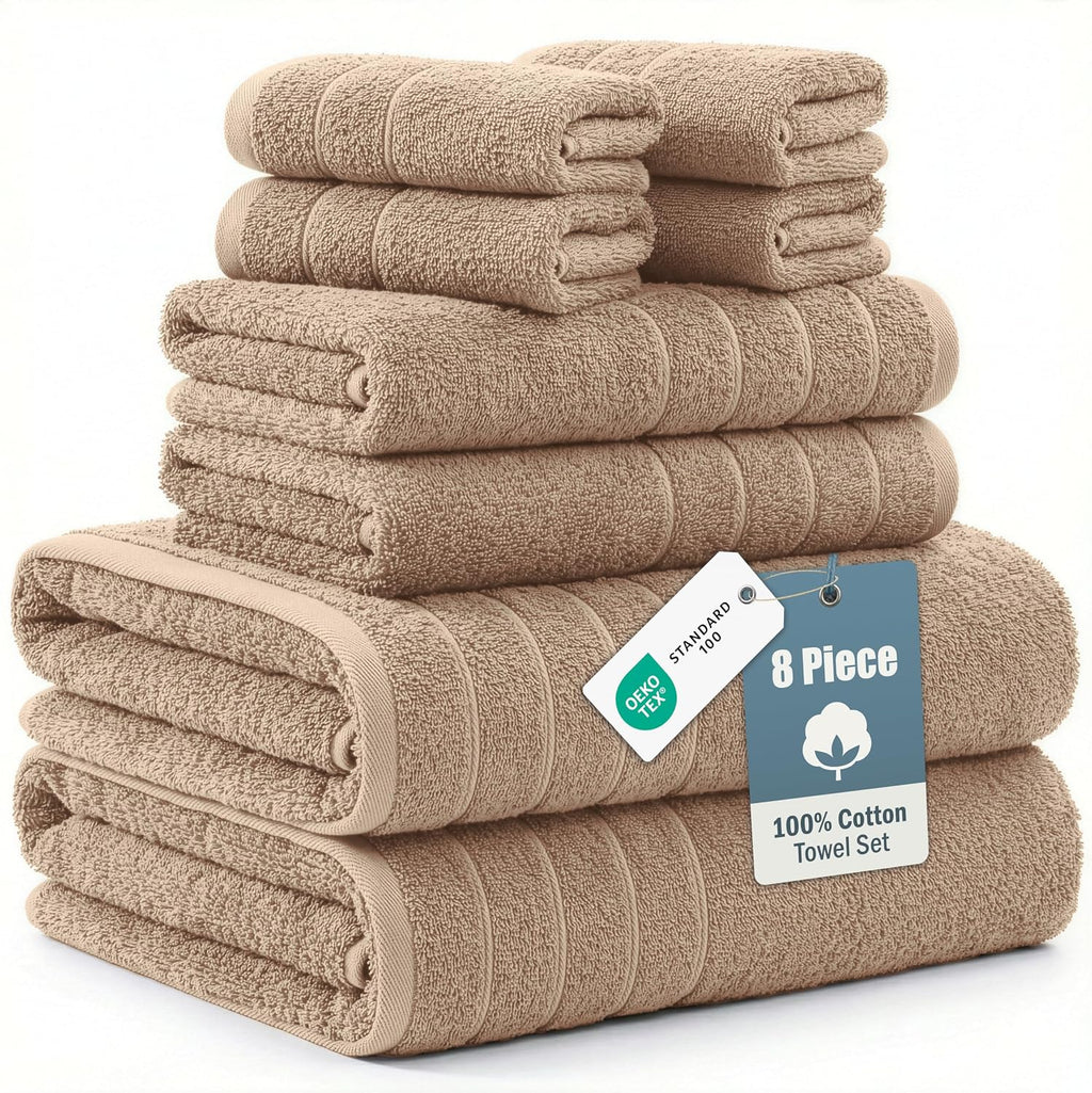 Bath Towel Set 100% Cotton 8 Piece Soft Absorbent - Beige | Shower Towels - Generously Sized, Oversized & Roomy