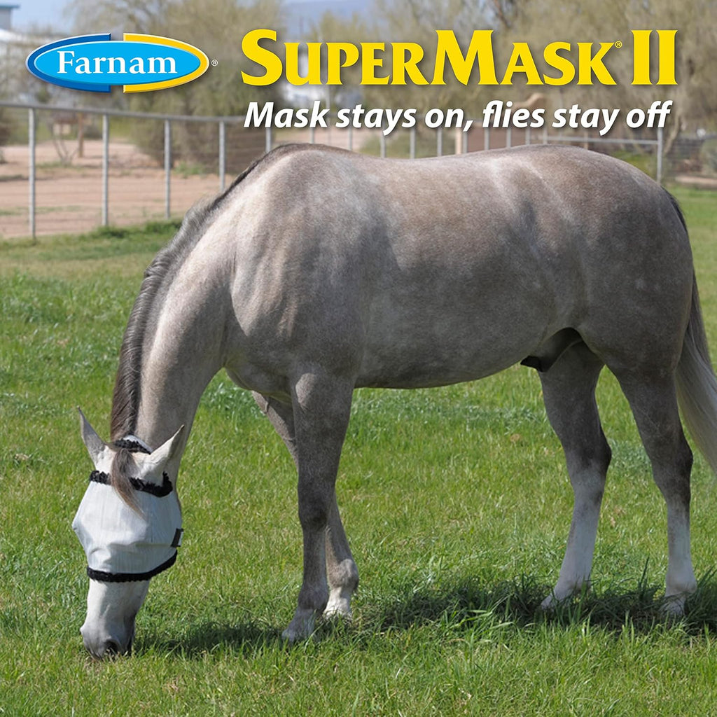 SuperMask II Shimmer Weave Mesh Horse Fly Mask Without Ears, Eye Protection from Insect Pests, Soft Silver Mesh with