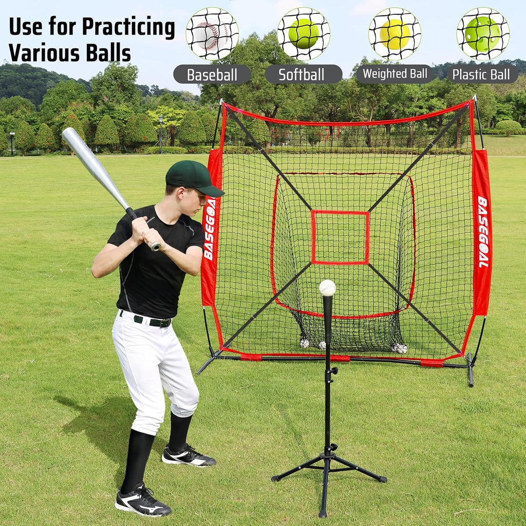 7x7ft Baseball Practice Net with Batting Tee and Strike Zone | Baseball backstop net with 7-strand knotless durable