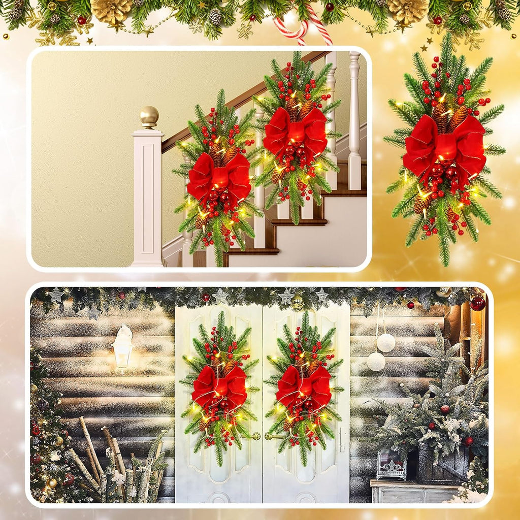 3 Pack Artificial Christmas Teardrop Swags 24" Xmas Cordless Prelit Stairway Swag Christmas Garland Stairs Rails