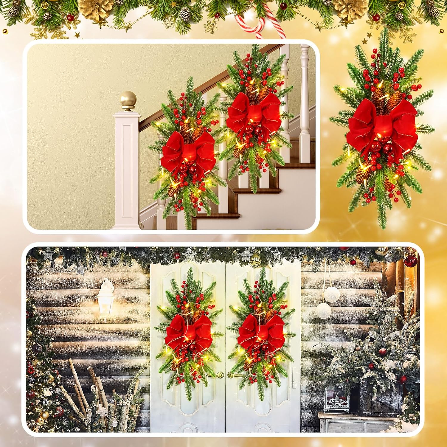 3 Pack Artificial Christmas Teardrop Swags 24" Xmas Cordless Prelit Stairway Swag Christmas Garland Stairs Rails