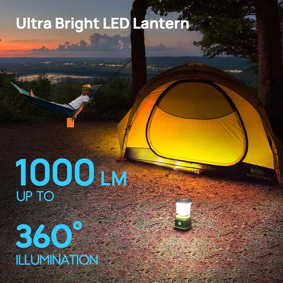 1000LM LED Camping Lantern Rechargeable, 4 Light Modes, Dimmable | 4400mAh Portable Battery Pack, IPX4 Waterproof