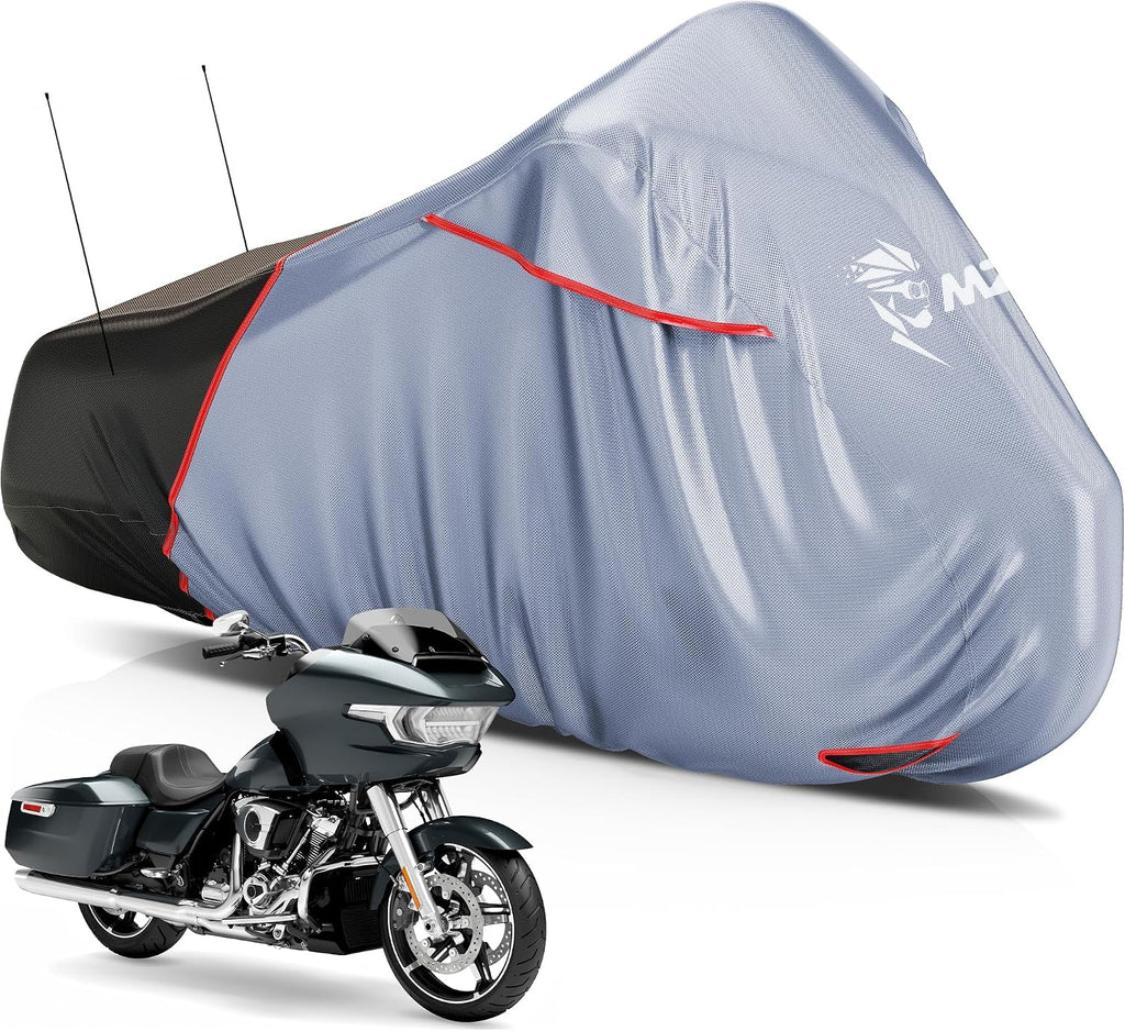 Motorcycle Cover Waterproof Outdoor, Heavy Duty All Season Weather Sun Protection with Storage Bag Vents Night