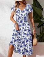 Women's Summer Casual Dress Flutter Short Sleeve V Neck Button Down Tiered Flowy Long Dress with Pockets