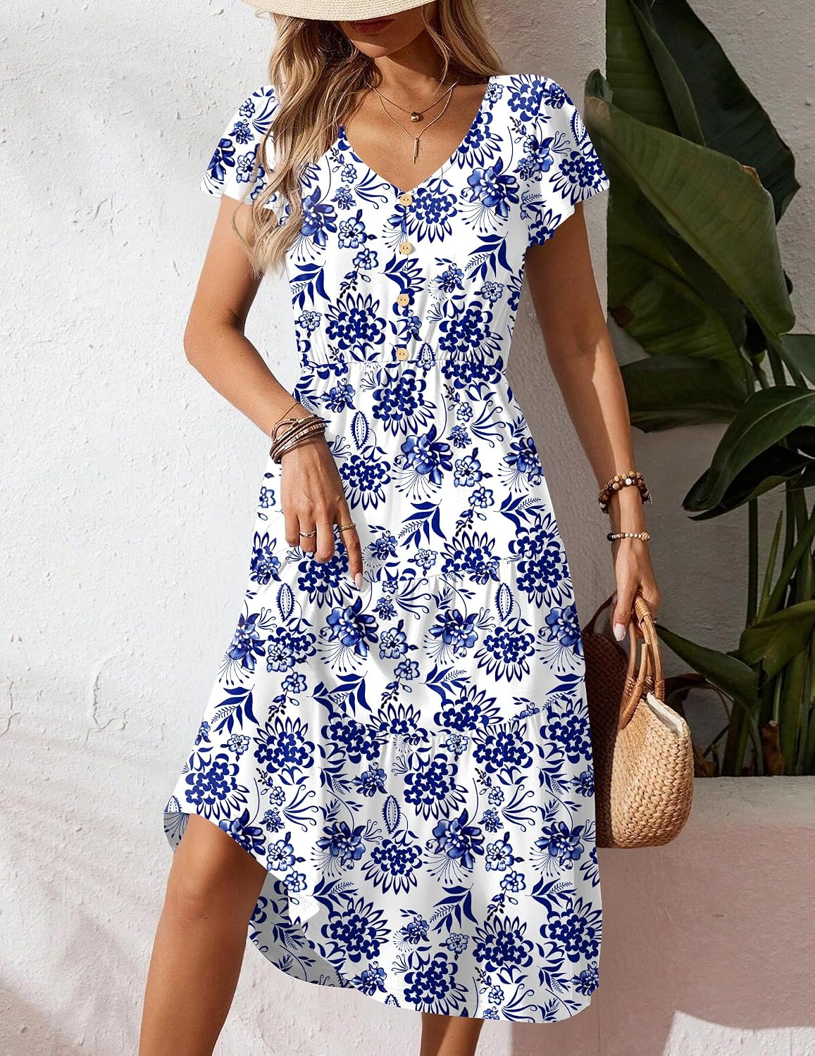 Women's Summer Casual Dress Flutter Short Sleeve V Neck Button Down Tiered Flowy Long Dress with Pockets