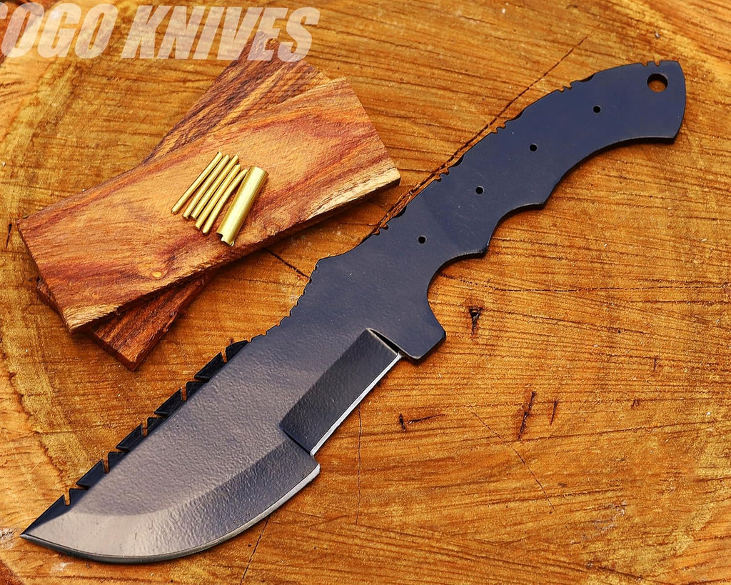 Damascus Tracker Knife Making Kit DIY Handmade Kit Includes Blank Blade Steel Blade, Pins, with Sheath, Handle Scales