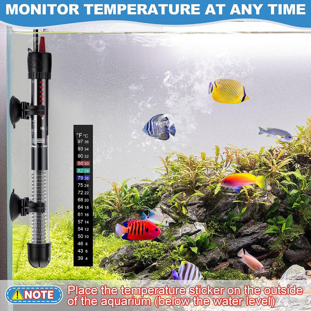 2 Set 100W Submersible Aquarium Heater with 4 Thermometer Stickers | Adjustable Aquarium Fish Tank Heater with