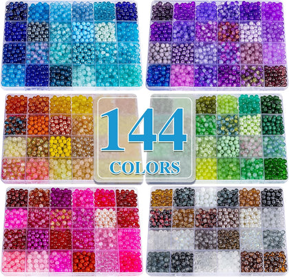 About 7200PCS 6mm Glass Beads Bracelet Making Kit,144 Assorted Colors Crystal Glass Beads for Bracelet and Jewelry