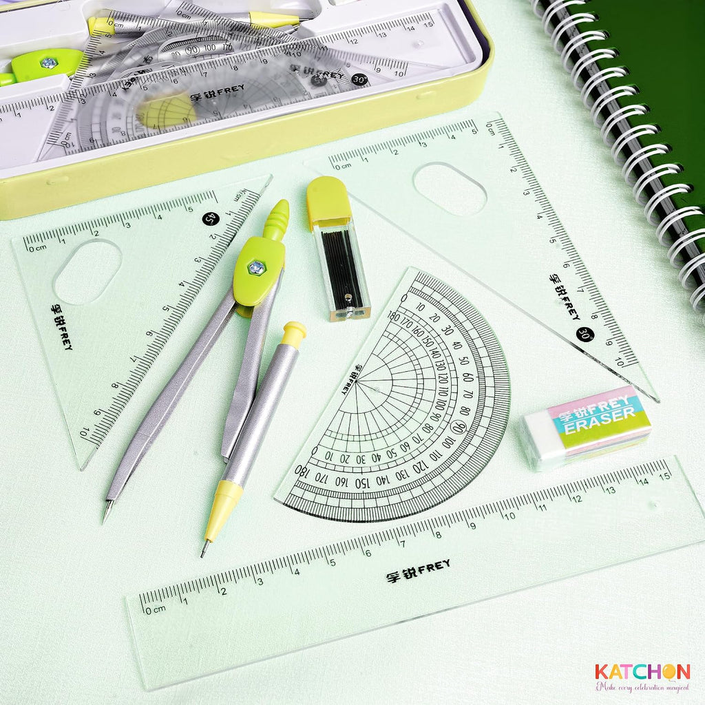 Geometry Set for Students - 8 Pieces, Back to School Supplies | Metal Compass, Protractor, Eraser, Triangle Ruler