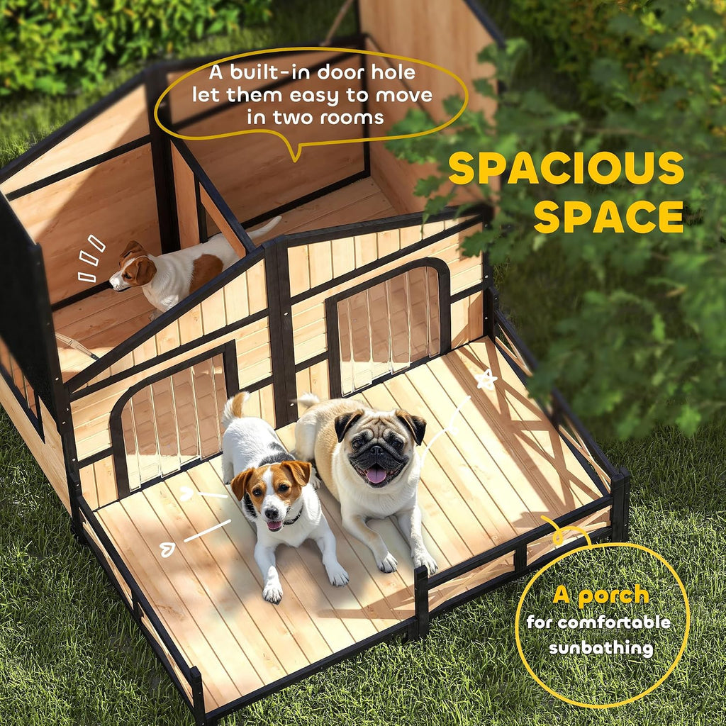 Dog House Outdoor, Wooden Dog Kennel Weatherproof with Porch, Openable Roof, Removable Bottom, Elevated Floor, Double