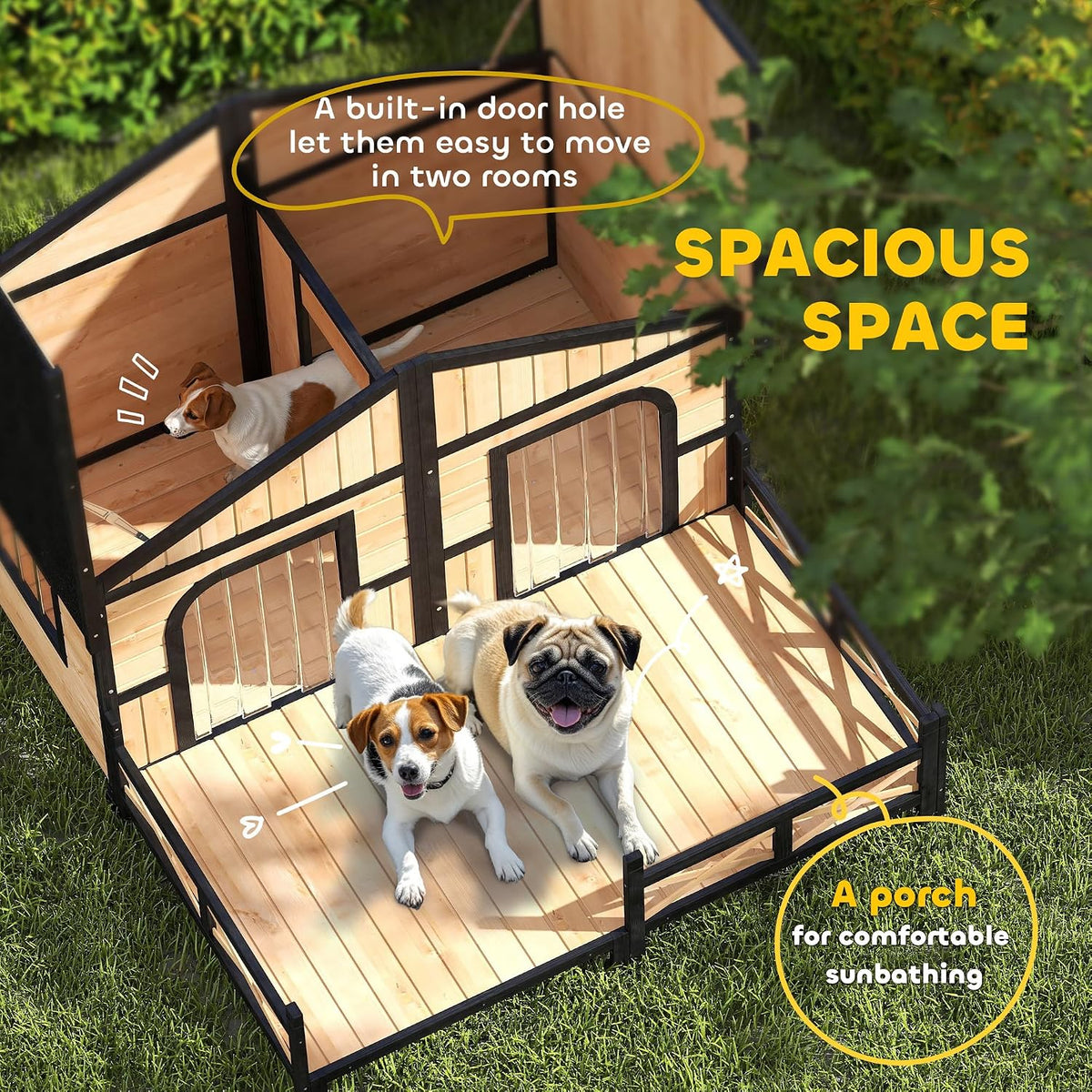 Dog House Outdoor, Wooden Dog Kennel Weatherproof with Porch, Openable Roof, Removable Bottom, Elevated Floor, Double