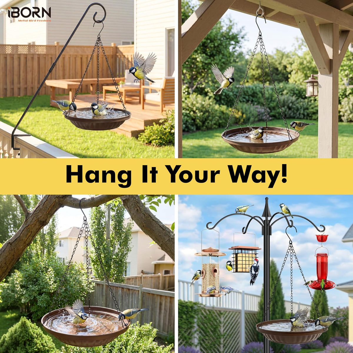 Hanging Metal Bird Bath Feeder Tray, 1.5L All Metal Wild Birdbath for Outdoor Backyard Garden, Squirrel Chew Proof