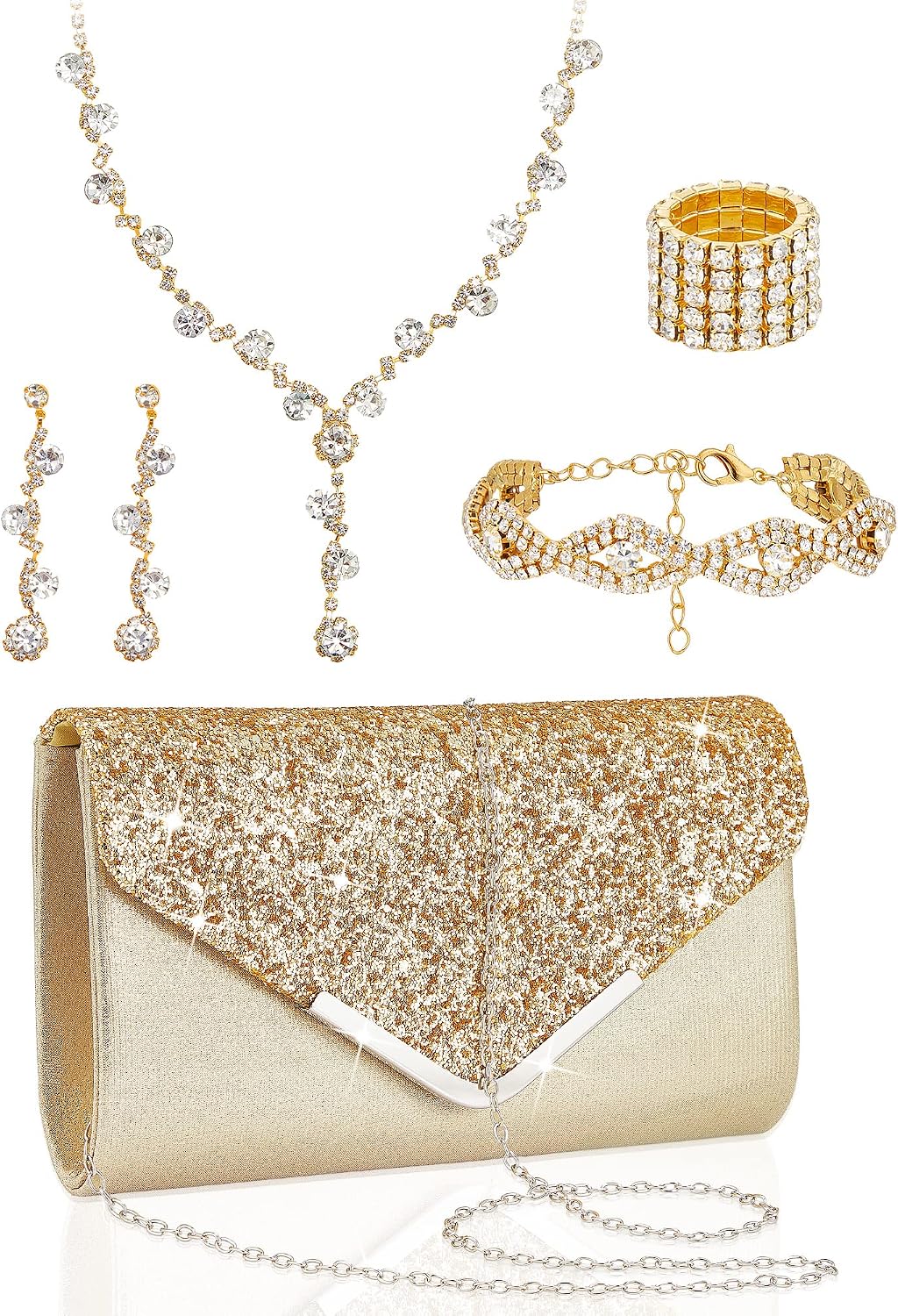 5 Pcs Purse Rhinestone Jewelry Set Prom Jewelry Rhinestone Clutch Purse Necklace Earrings Bracelets for Women Bride