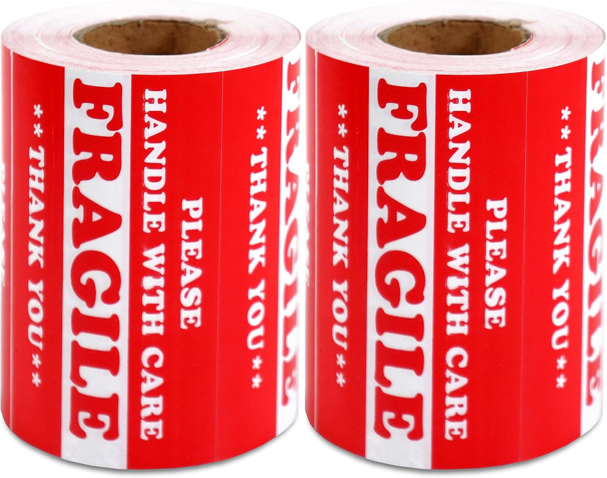 1000 Labels 3" x 5" Fragile - Handle with Care Label Sticker Red Semi Gloss (2 Roll)
