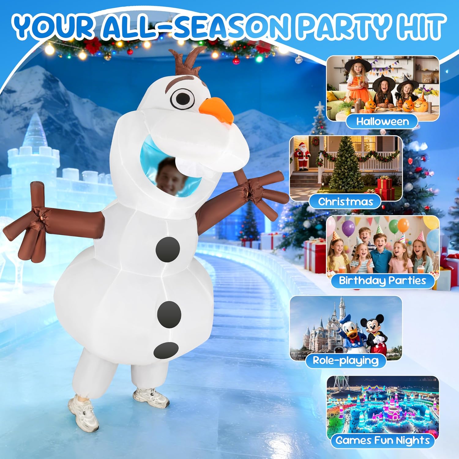 Olaf Inflatable Costume Adult, Blow Up Snowman Suit with Dual Fans, One Size Fits All Under 6.2ft, Funny Fancy Dress