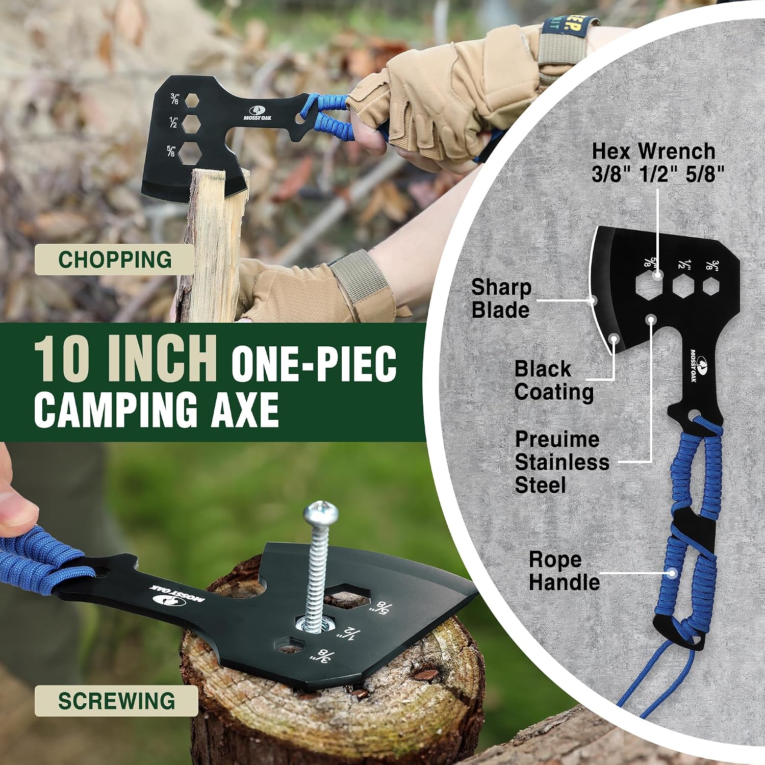 Hatchet and Machete Knife Set with Sheath | One-Piece Axe & Hunting Knives, Paracord Handle, Zoomable Flashlight &