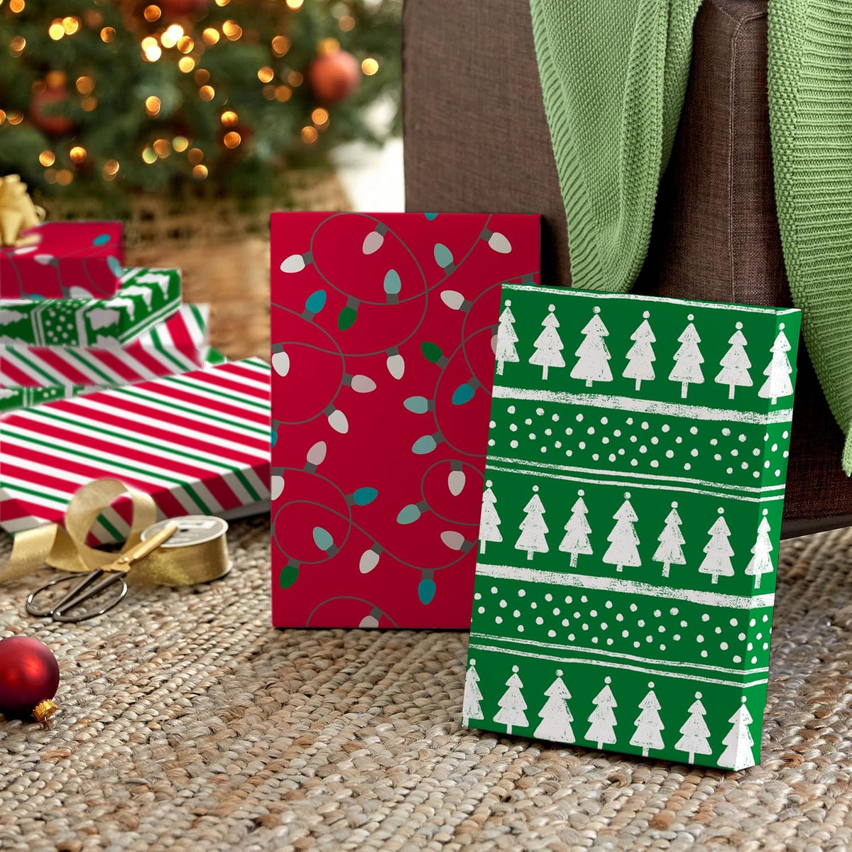 Medium Christmas Gift Boxes with Lids (12 Shirt Boxes, 3 Designs: Lights, Trees, Red and Green Stripes) for