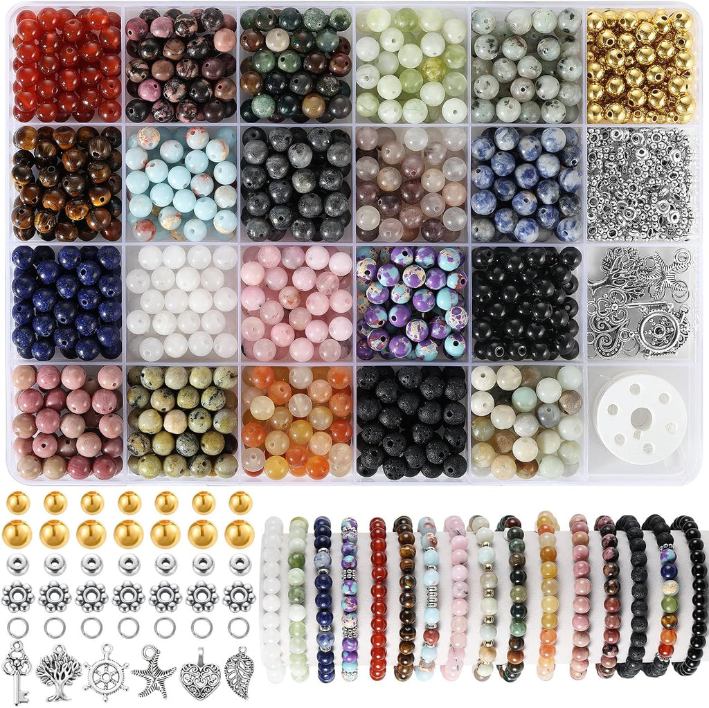996 Pcs 6mm Natural Stone Beads, Round Crystals Bead Genuine Real Stones, Gemstone Beads Kit with Spacer Bead Charms