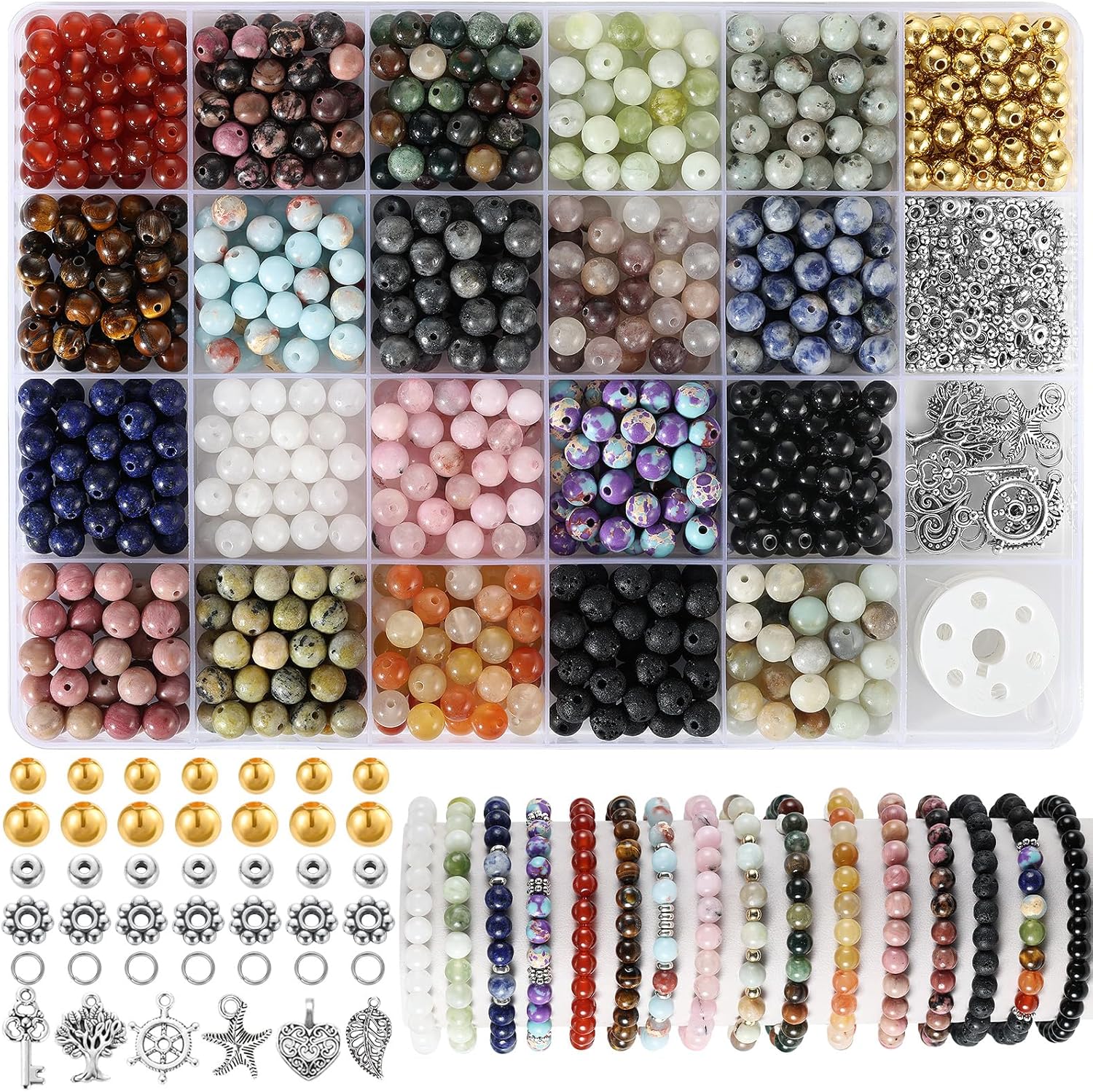 996 Pcs 6mm Natural Stone Beads, Round Crystals Bead Genuine Real Stones, Gemstone Beads Kit with Spacer Bead Charms