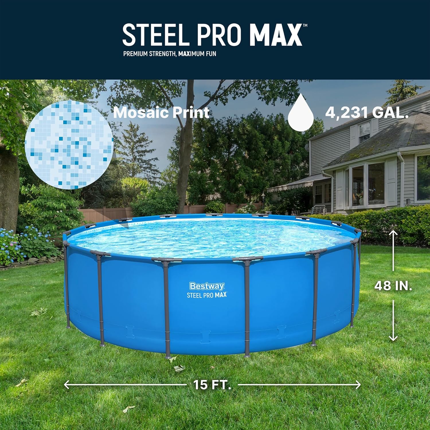 Steel Pro MAX 15’ x 48" Above Ground Pool, Round Metal Frame Outdoor Swimming Pool for Backyard, Blue, POOL ONLY