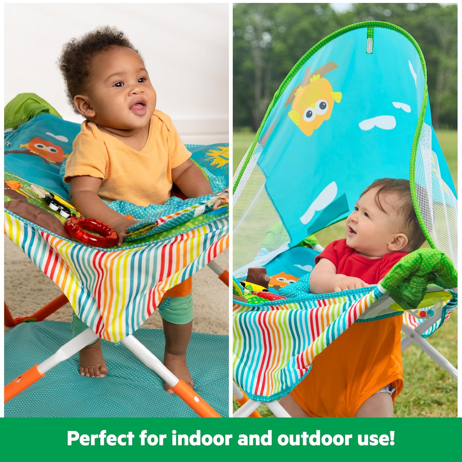 Pop 'N Jump Portable Baby Jumper, Foldable Indoor/Outdoor Baby Jumper with Owl Forest Sensory Activities, Ages 6–12