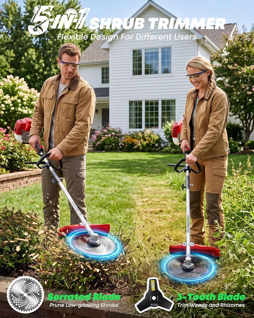 52CC Gas String Trimmer, 5-in-1 Brush Cutter System, Red | Aluminum Alloy Shaft, 18 in Line Head, 3T/40T Blades, 12