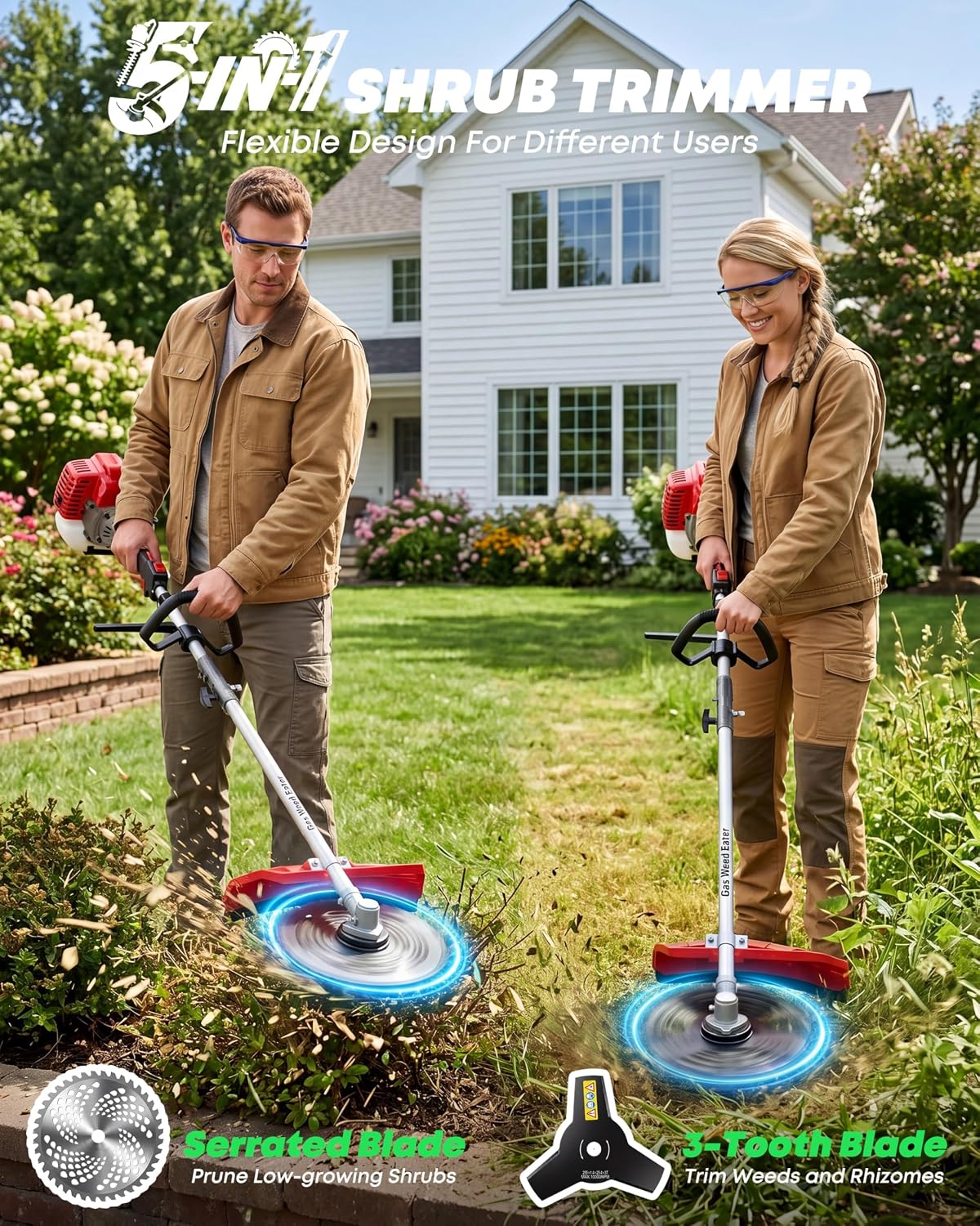 52CC Gas String Trimmer, 5-in-1 Brush Cutter System, Red | Aluminum Alloy Shaft, 18 in Line Head, 3T/40T Blades, 12