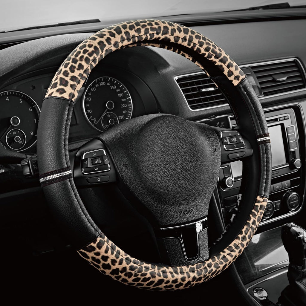 Leopard Steering Wheel Cover - Made with PVC Leather Cheetah Print - Anti-Slip, Universal Fit 14 1/2 inches to 15