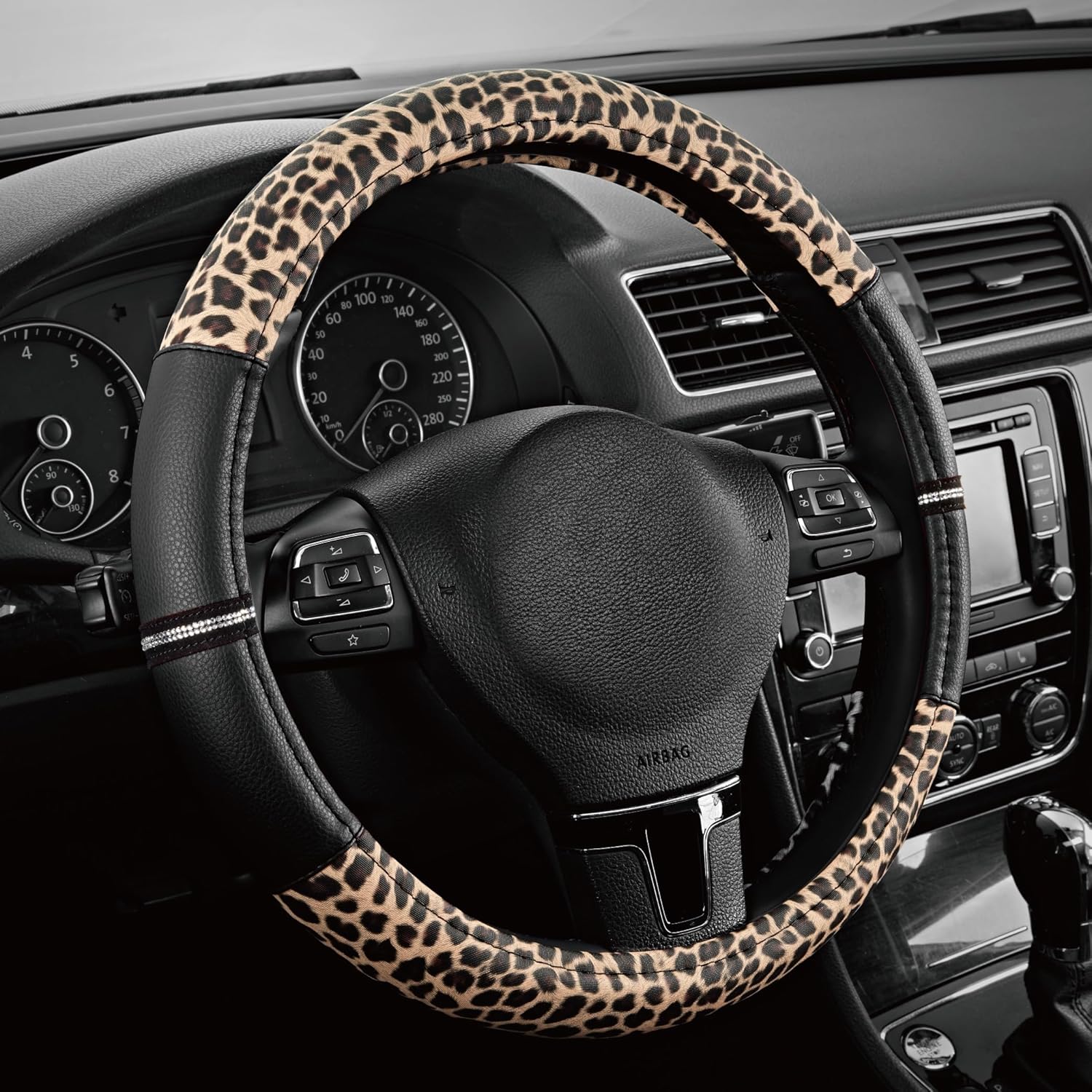 Leopard Steering Wheel Cover - Made with PVC Leather Cheetah Print - Anti-Slip, Universal Fit 14 1/2 inches to 15