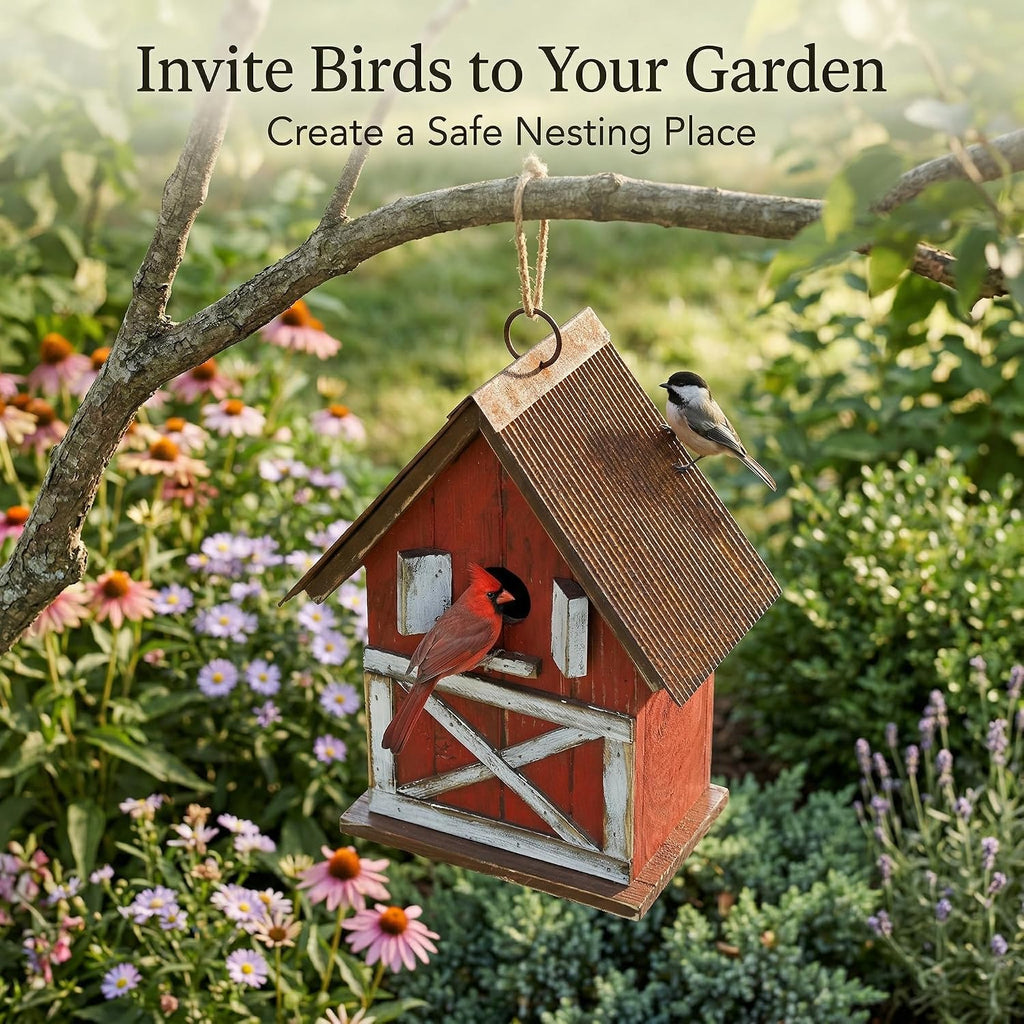 Rustic Barn-Style Wooden Birdhouse, 10.5" Hanging Bird House