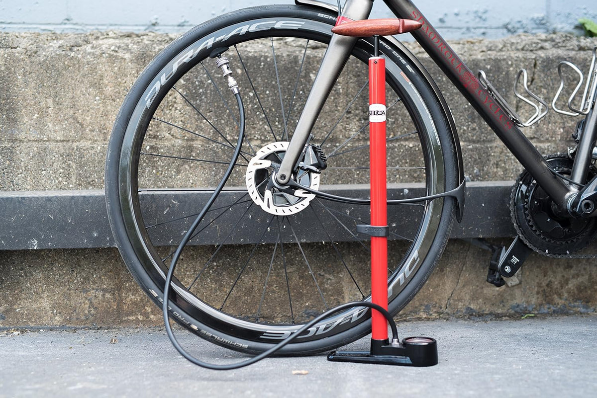 Pista Floor Pump Red with Black Single Sided Base and SILCA Presta Chuck and Threaded Schrader Chuck