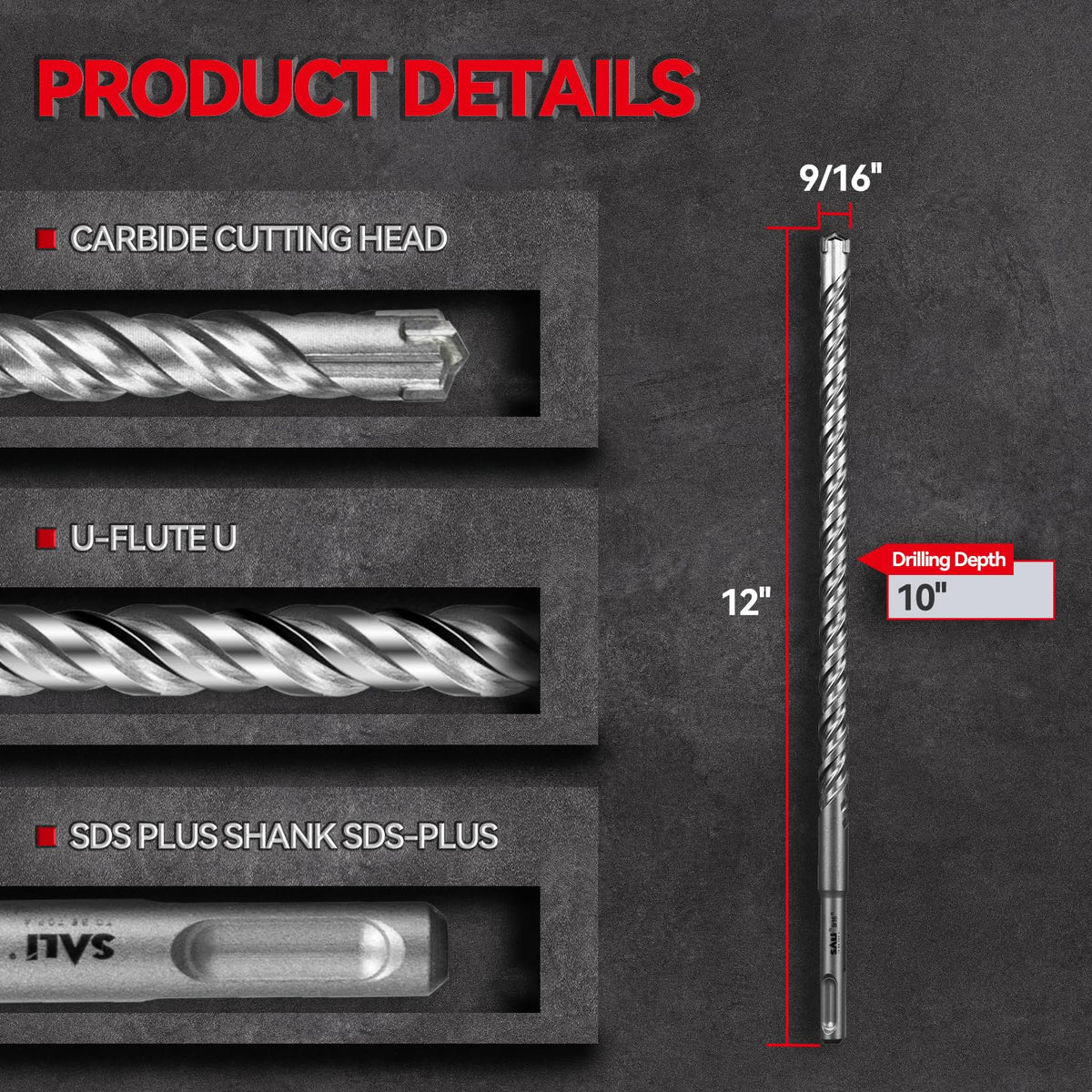 SALI 5 Pcs 9/16"*12" SDS Plus Rotary Hammer Drill Bit Concrete Drill Bit Kit Cross-Type Double Thread Carbide Material Suitable for Concrete, Brick, Cement Walls, Stone, Hammer Drill Bits for Concrete