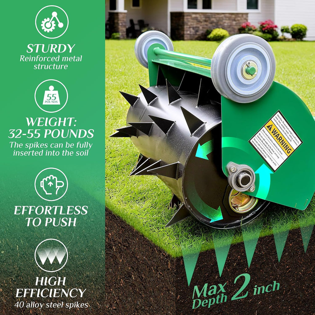 Rolling Lawn Aerator, Heavy Duty Push Spike Aeration Tool Up to 55 lbs, Manual Rotary Grass Aerator for Garden and